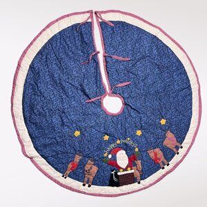 Vintage Quilted Christmas Tree Skirt Santa Reindeer Blue Red Cotton